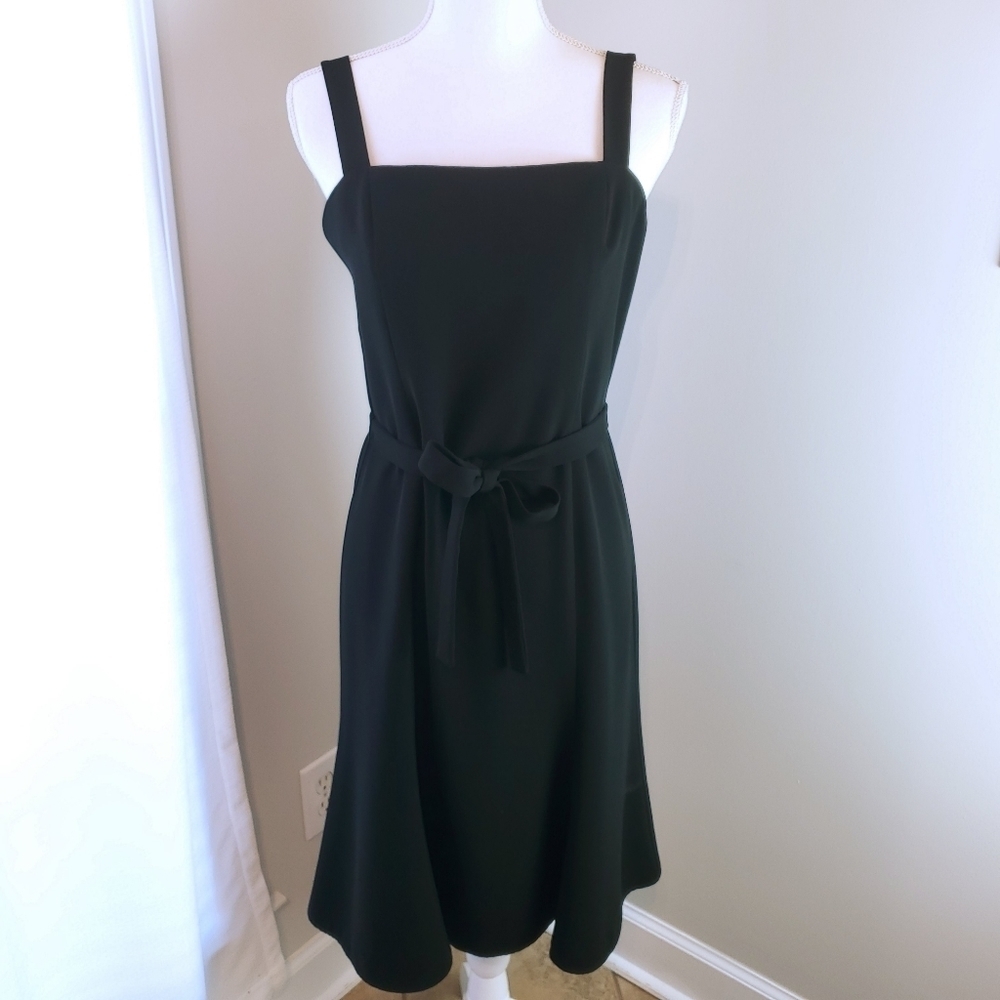 Harold's 4 Black Tank Dress Square neckline Back zip Waist belt tie LBD Cocktail